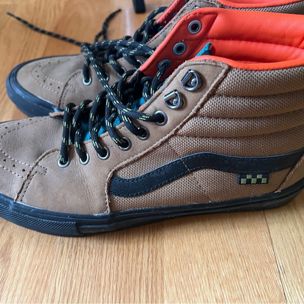 Vans Men's Brown High-Top Sneakers with Orange Collar and Black Stripe